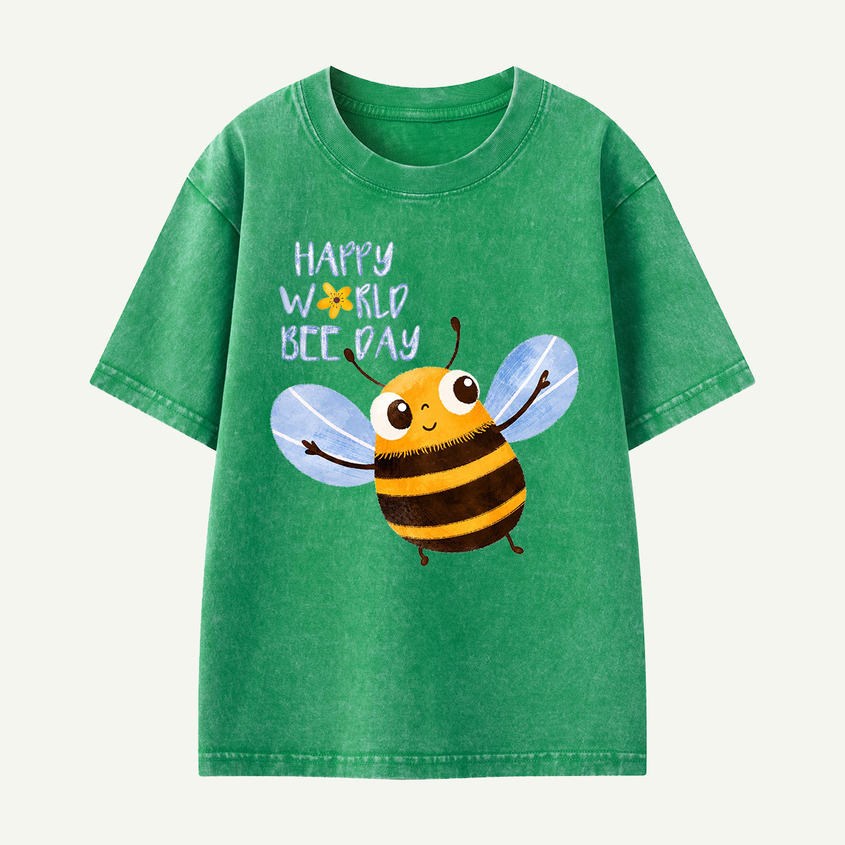 Happy World Bee Day Cute Bee Kids Washed T-Shirt