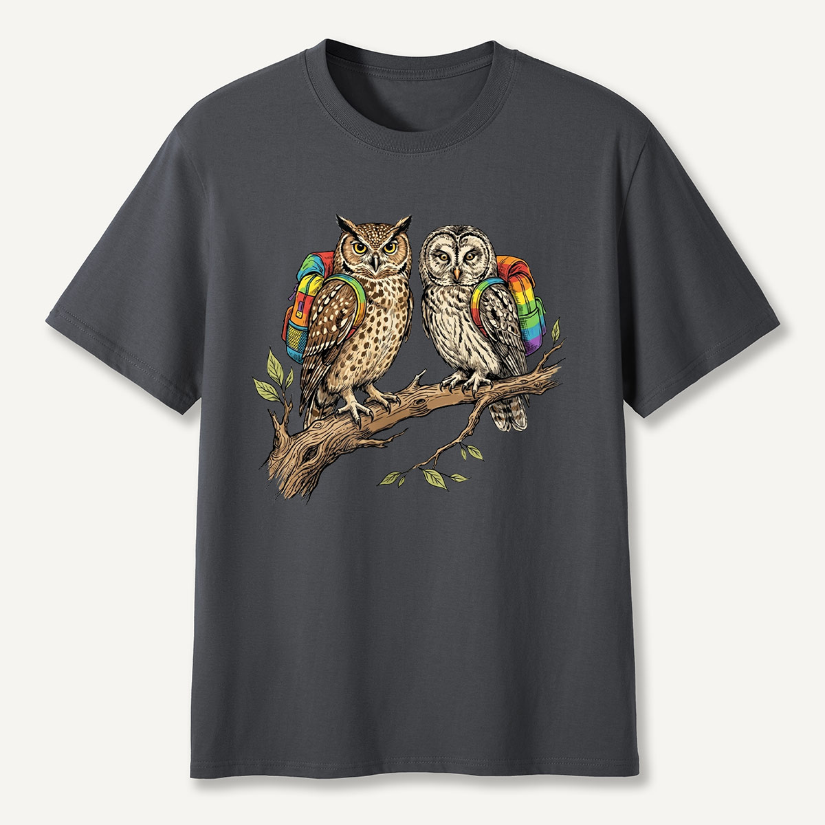 Couple Owls on Branch with Rainbow Backpacks T-Shirt