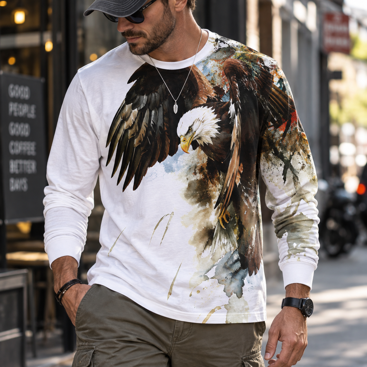 Soaring Bald Eagle Watercolor Portrait Premium Pure Cotton Long Sleeves
