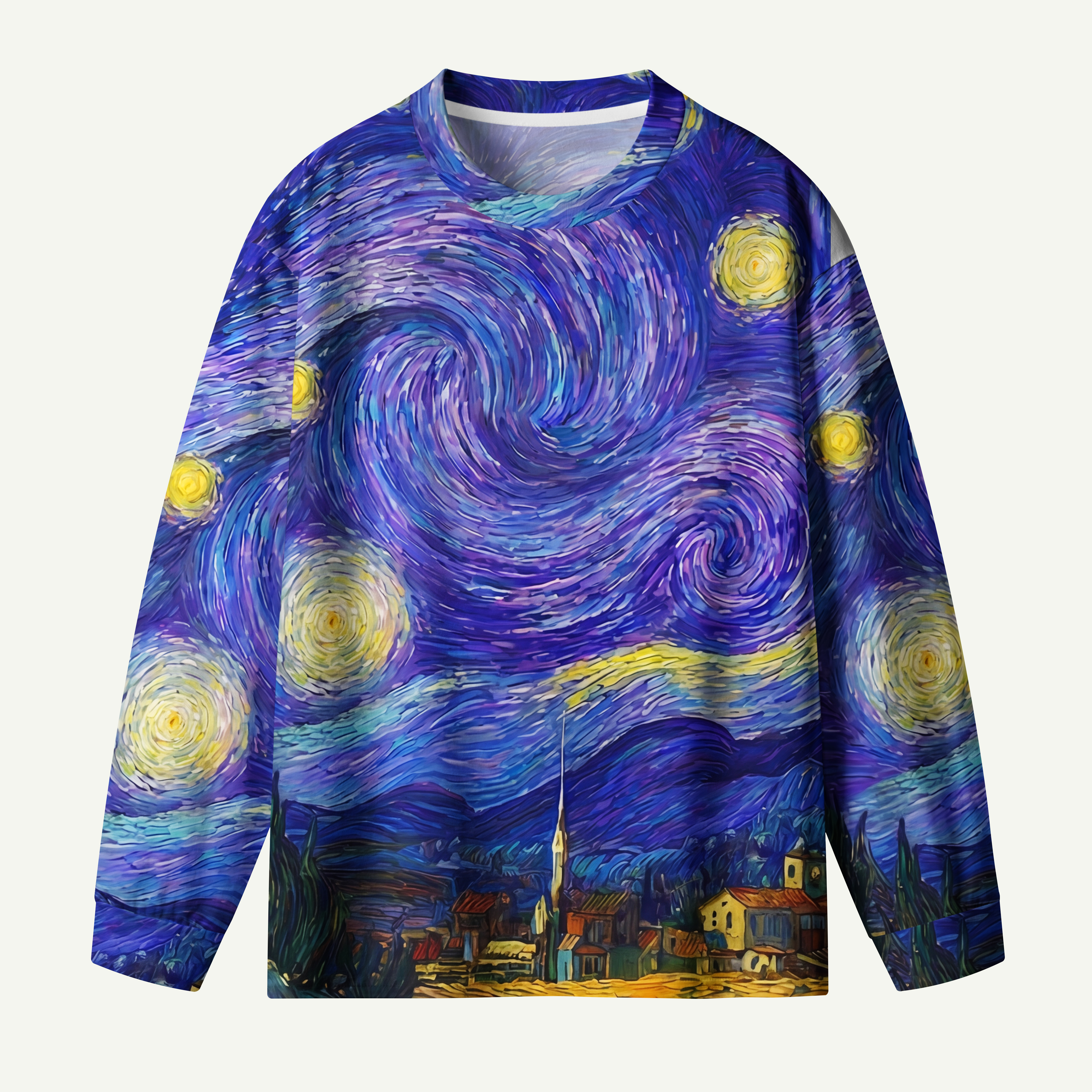 Swirling Night Sky Village Landscape Premium Cotton Long Sleeves
