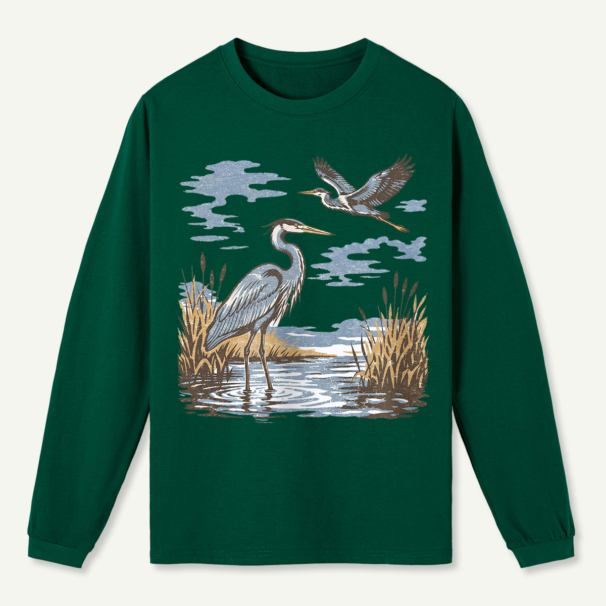 Vintage Heron Wetland Bird Nature  Long Sleeve T-Shirt