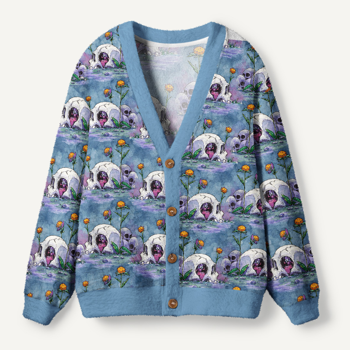 Skull Garden With Purple Flowers And Butterfly Ugly Cardigan Sweaters