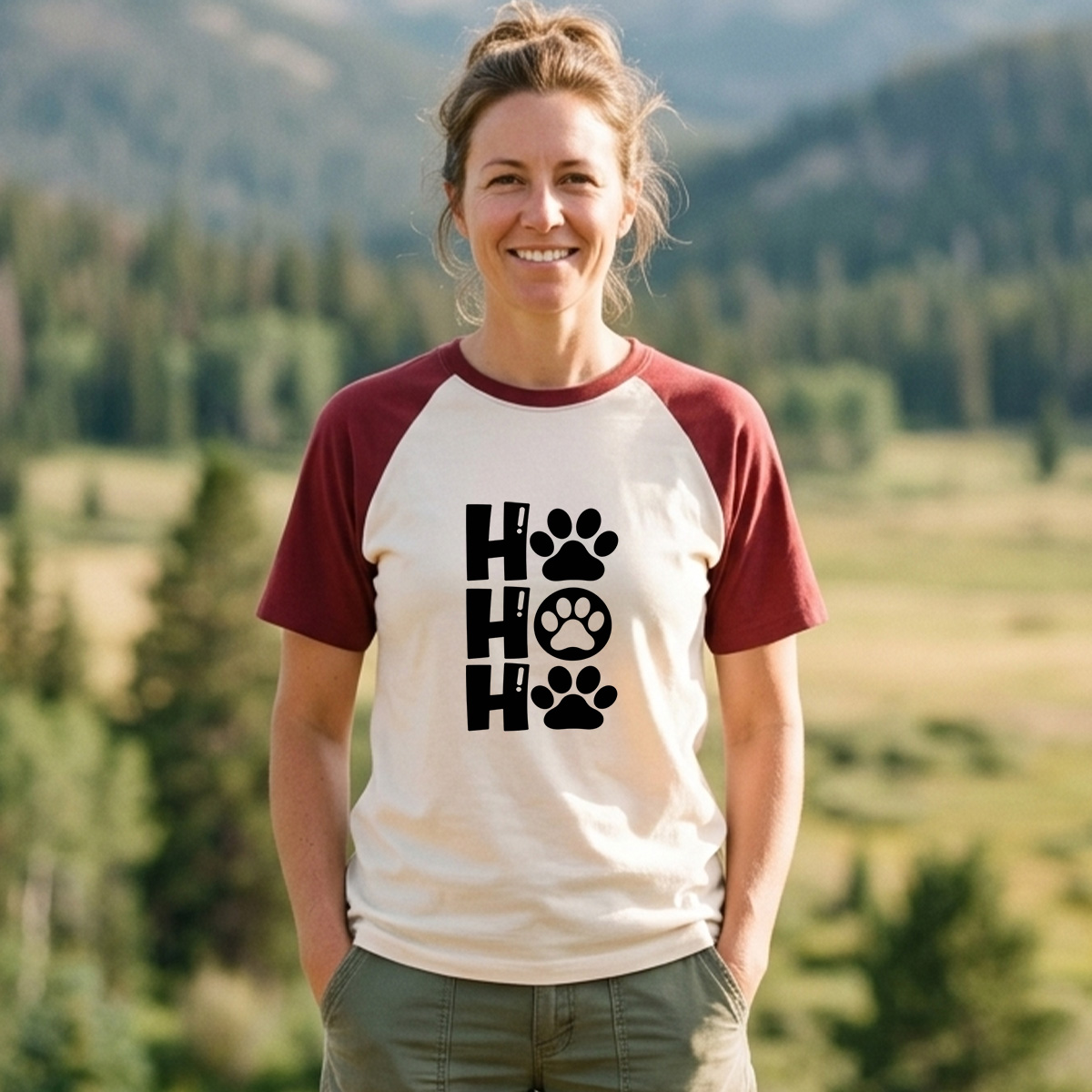 Ho Ho Ho Christmas Paw Print Typography Raglan T-Shirt