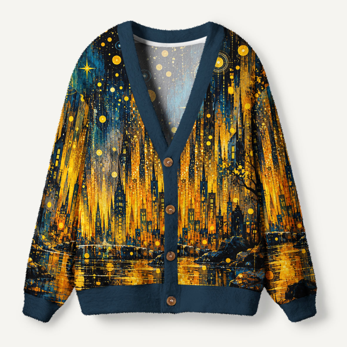 Cosmic Black Cat Under Golden Moon Ugly Cardigan Sweaters