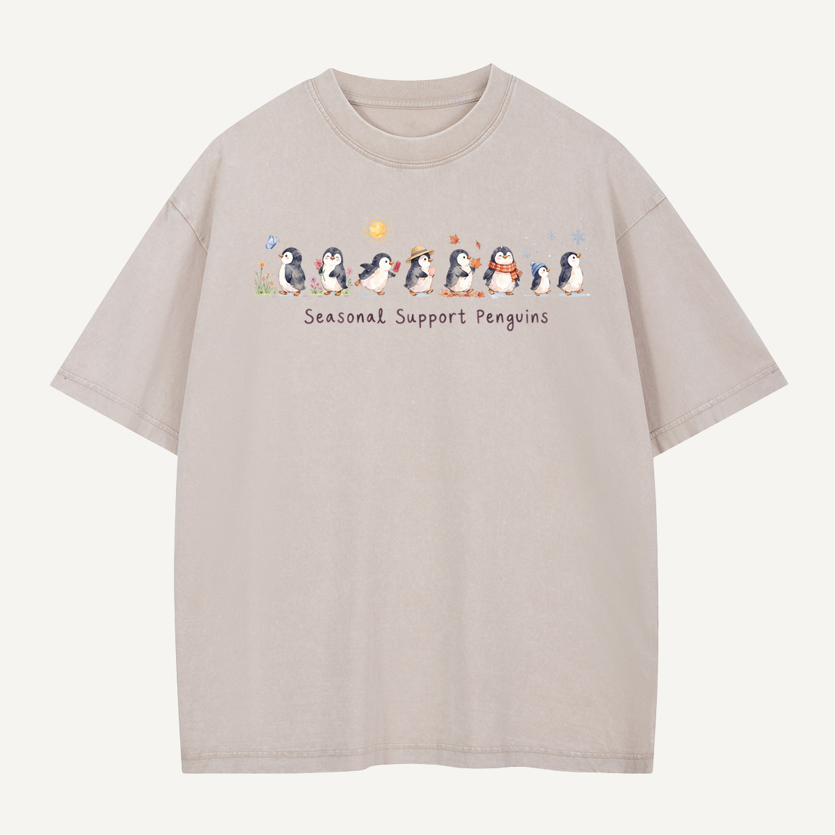Seasonal Support Penguins Cute Watercolor Illustration Washed T-Shirt