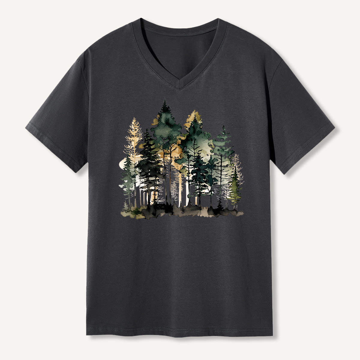Watercolor Pine Forest Landscape V-neck T-Shirt