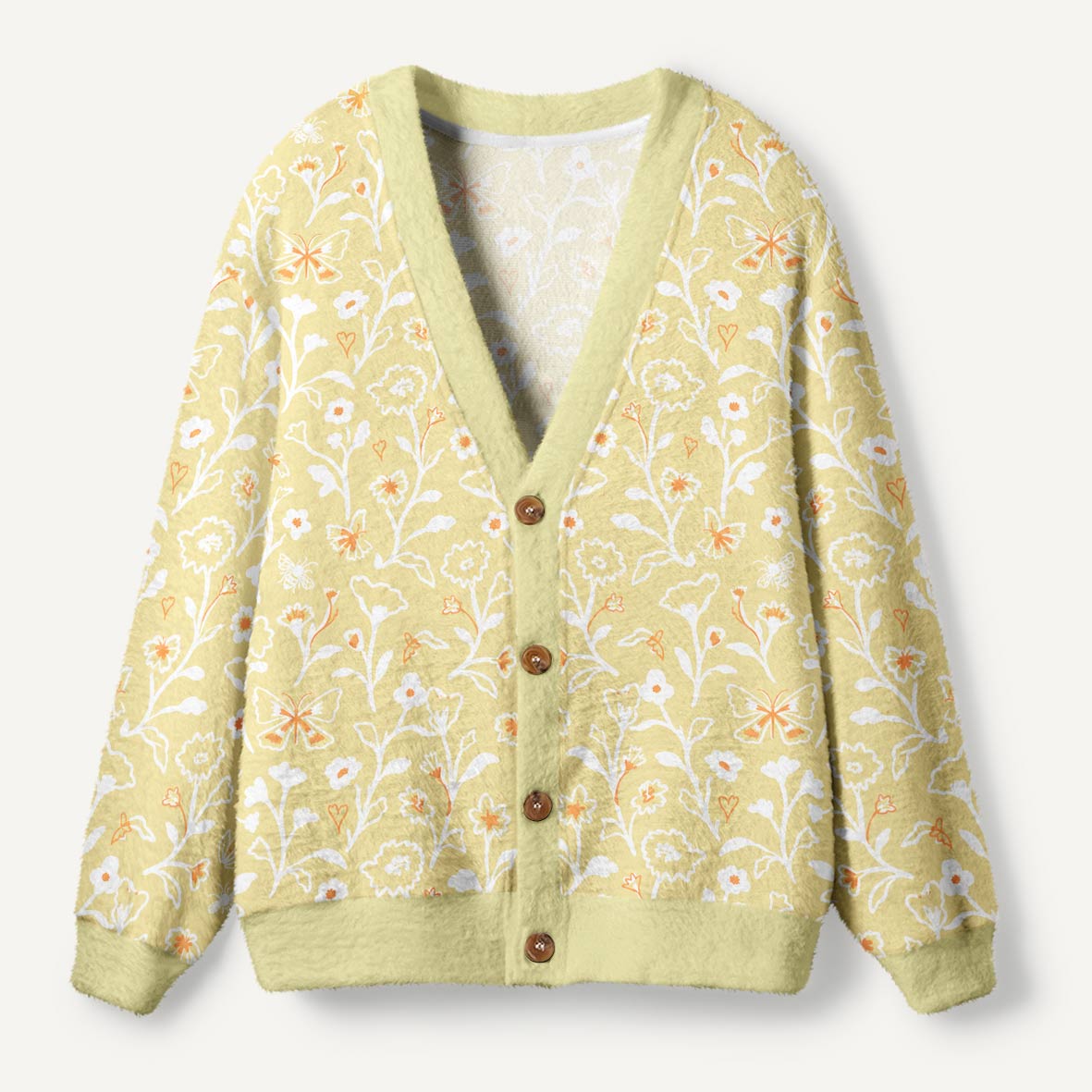 Cream Yellow Butterfly And Wildflower Garden Folk Art Ugly Cardigan Sweaters