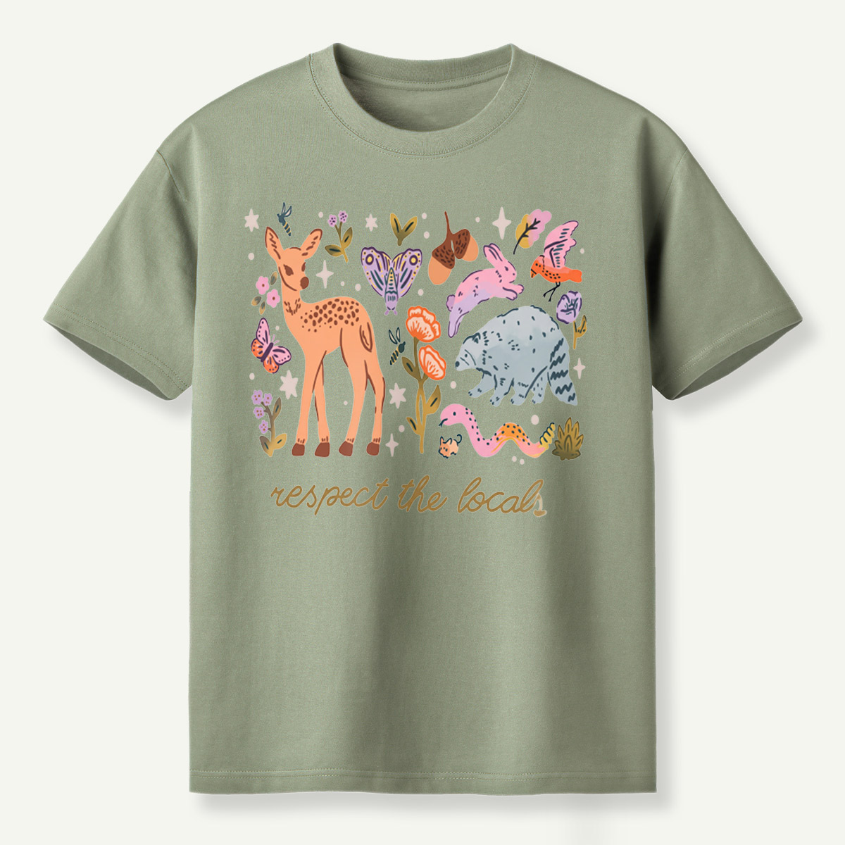espect The Locals Woodland Wildlife Deer Rabbit Raccoon And Butterfly T-Shirt