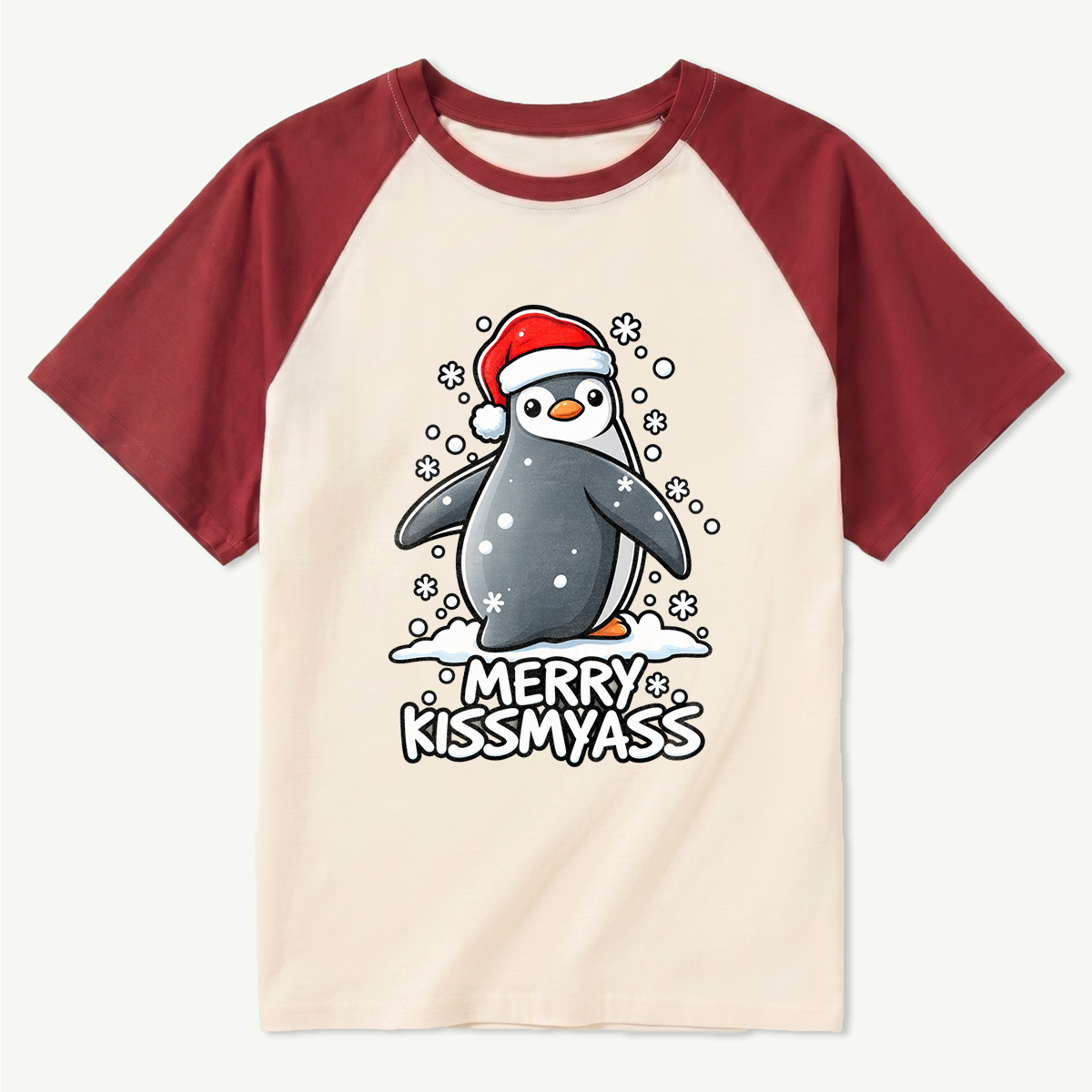 Merry Kiss My Ass Sassy Christmas Penguin Raglan T-Shirt
