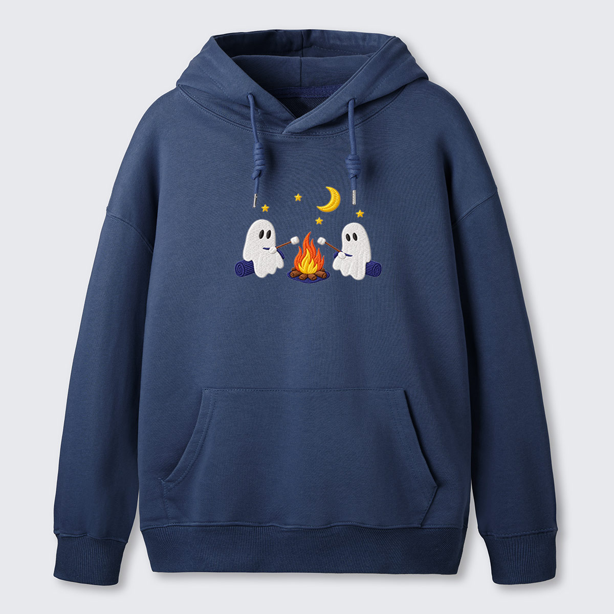 Ghost Campfire Under Moon Embroidered Cotton Hoodie