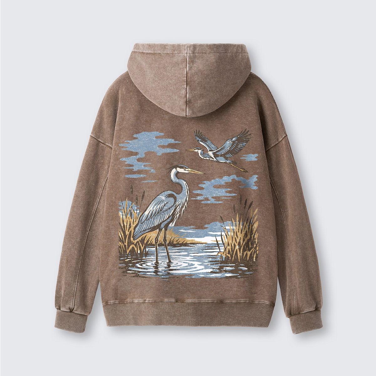 Vintage Heron Wetland Bird Nature Washed Hoodie