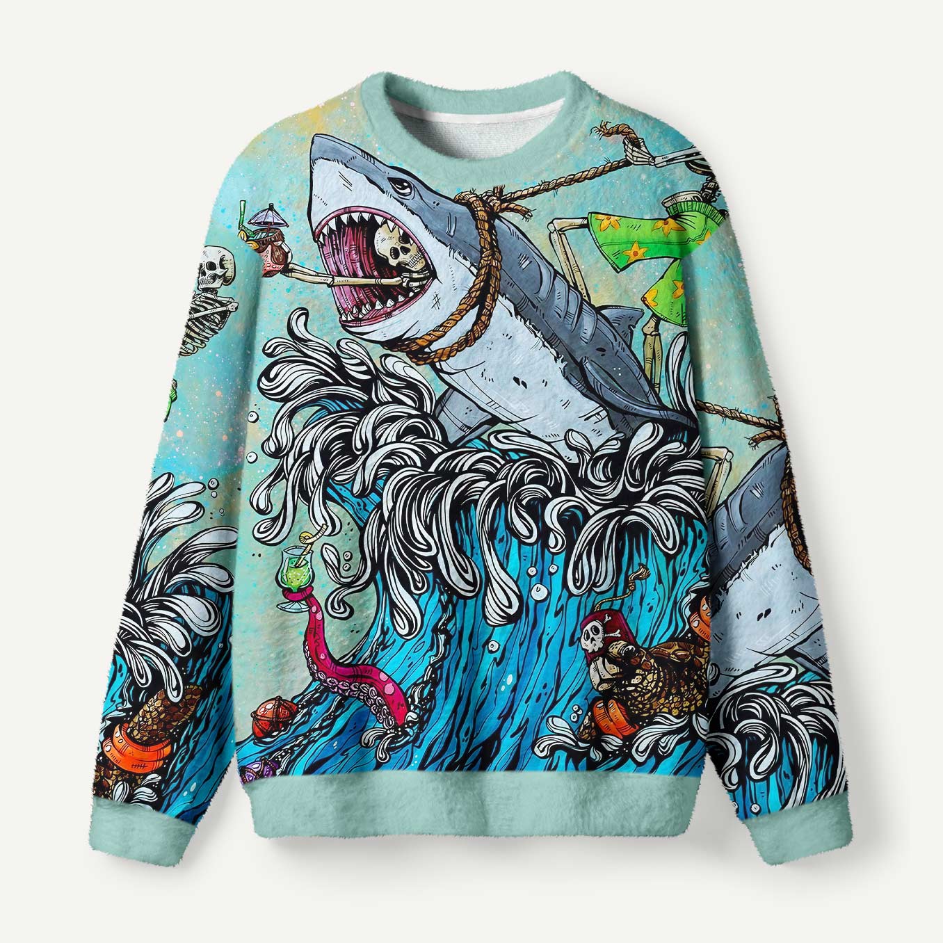 Skeletons Riding A Shark Tropical Ocean Wave Adventure Ugly Fuzzy Fleece Sweatshirt