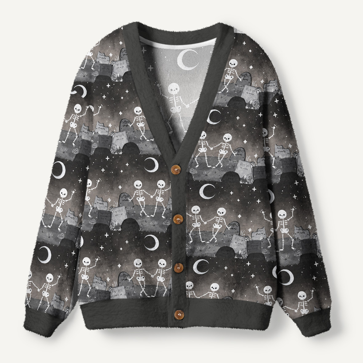 Dancing Skeleton Couple Under The Crescent Moon Ugly Cardigan Sweaters