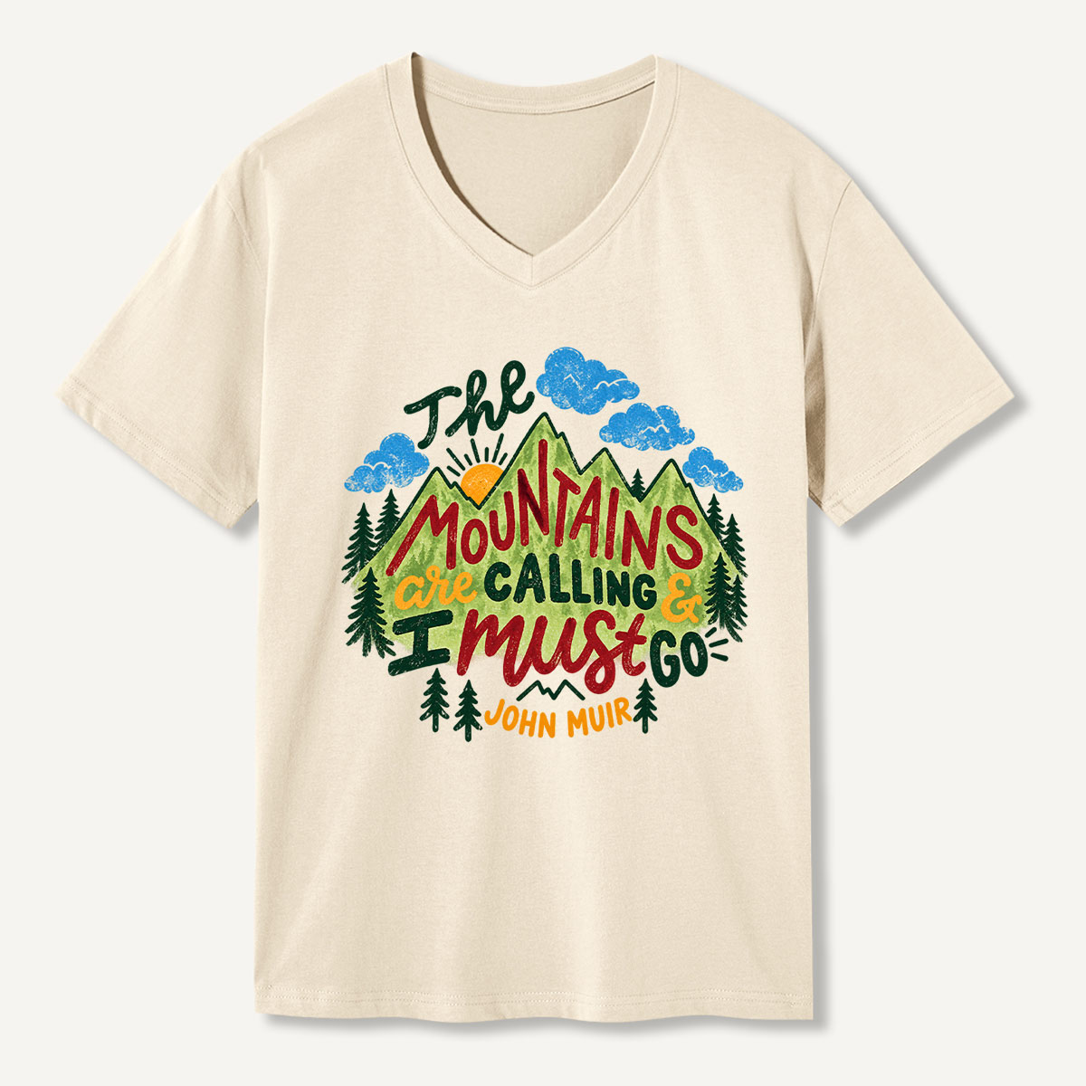 The Mountains Are Calling And I Must Go Colorful Typography Art V-neck T-Shirt