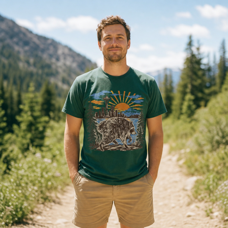 Jimothy Seattle Skyline Sunset Raccoon T-Shirt