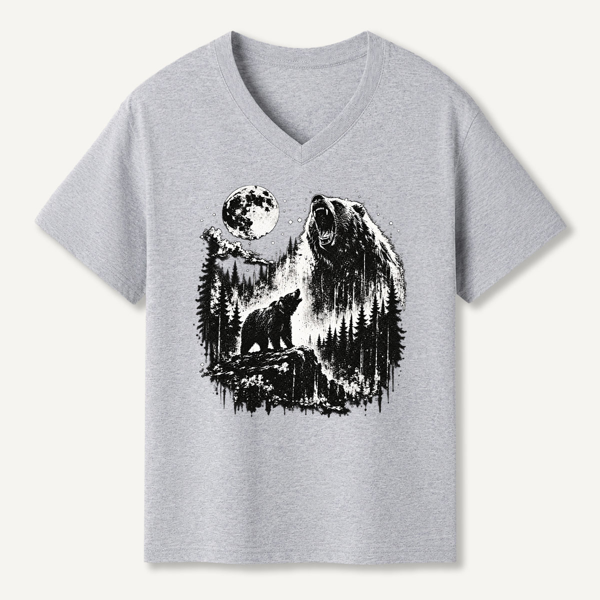 Moonlit Forest Bears Wilderness Art V-neck T-Shirt