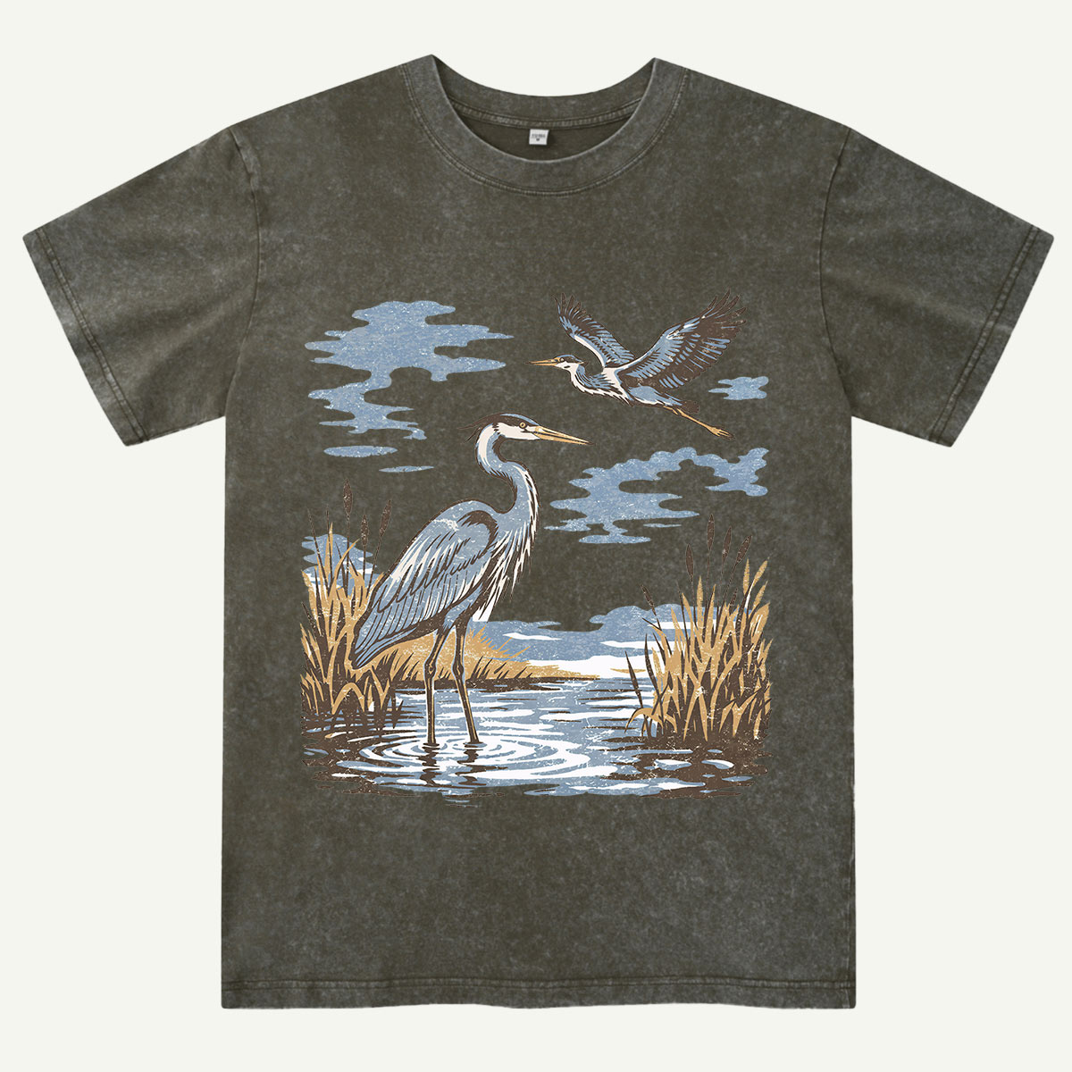 Vintage Heron Wetland Bird Nature Washed T-Shirt
