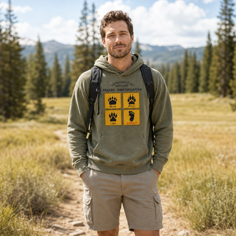Department of Wildlife Tracks Identification Bear Wolf Lion Cryptids Washed Hoodie
