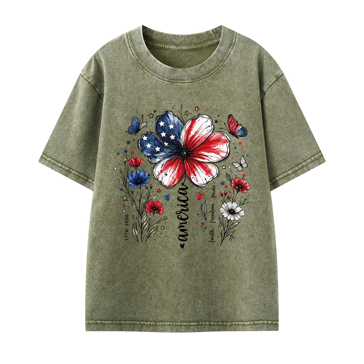 USA 250th Anniversary Floral Kids Washed T-Shirt