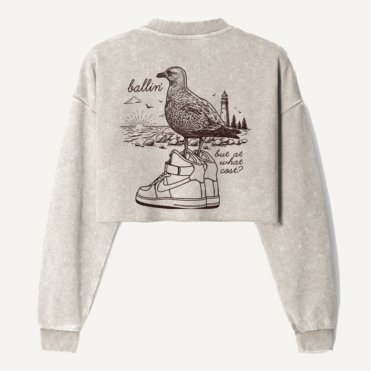 Seagull On A Sneaker Vintage Sketch Women's Washed Cropped Sweatshirt