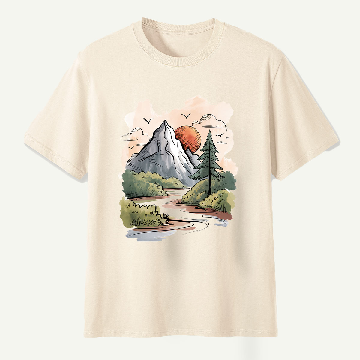 Mountain River Sunset Watercolor Landscape T-Shirt
