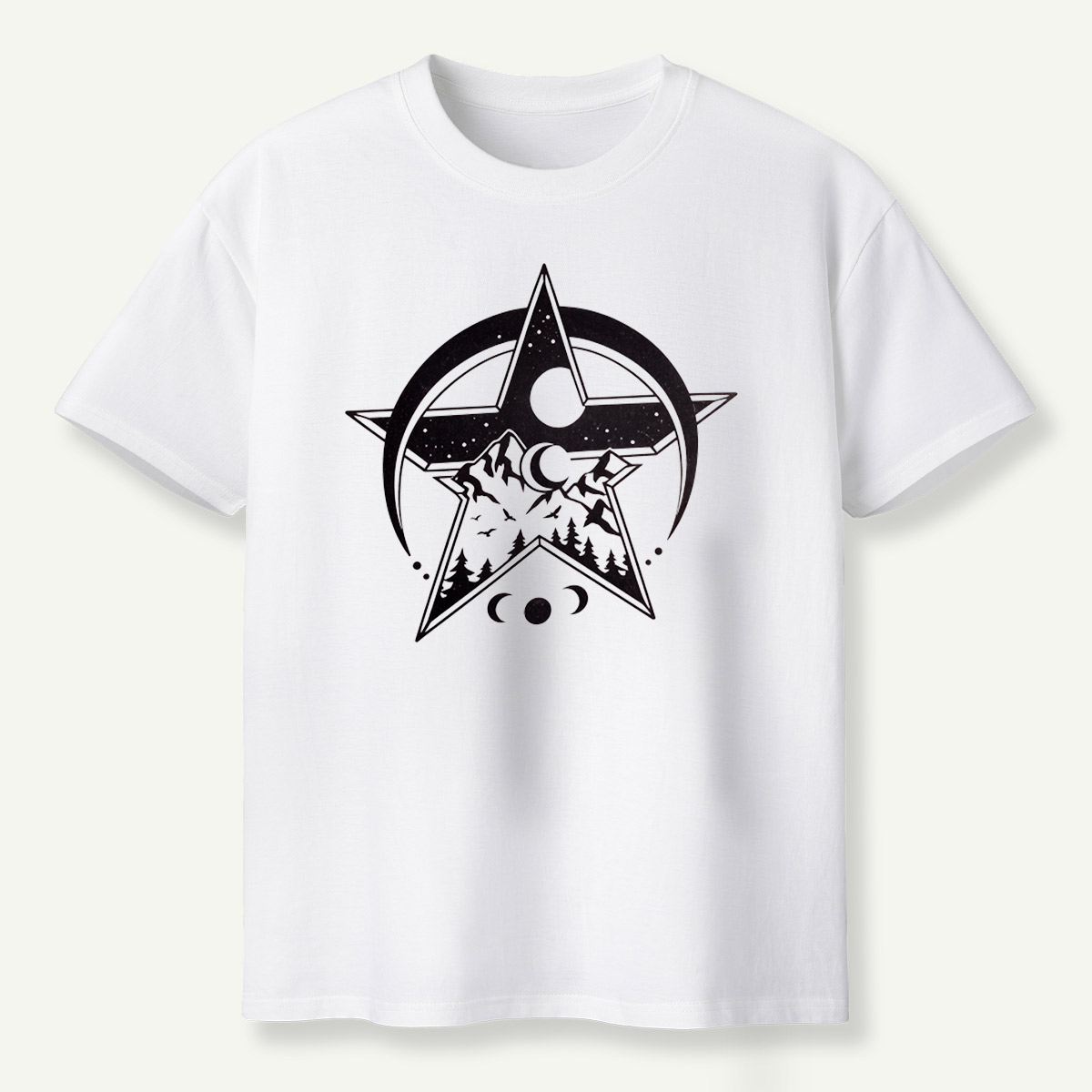 Geometric Star Mountain Moon Phase Celestial Emblem T-Shirt