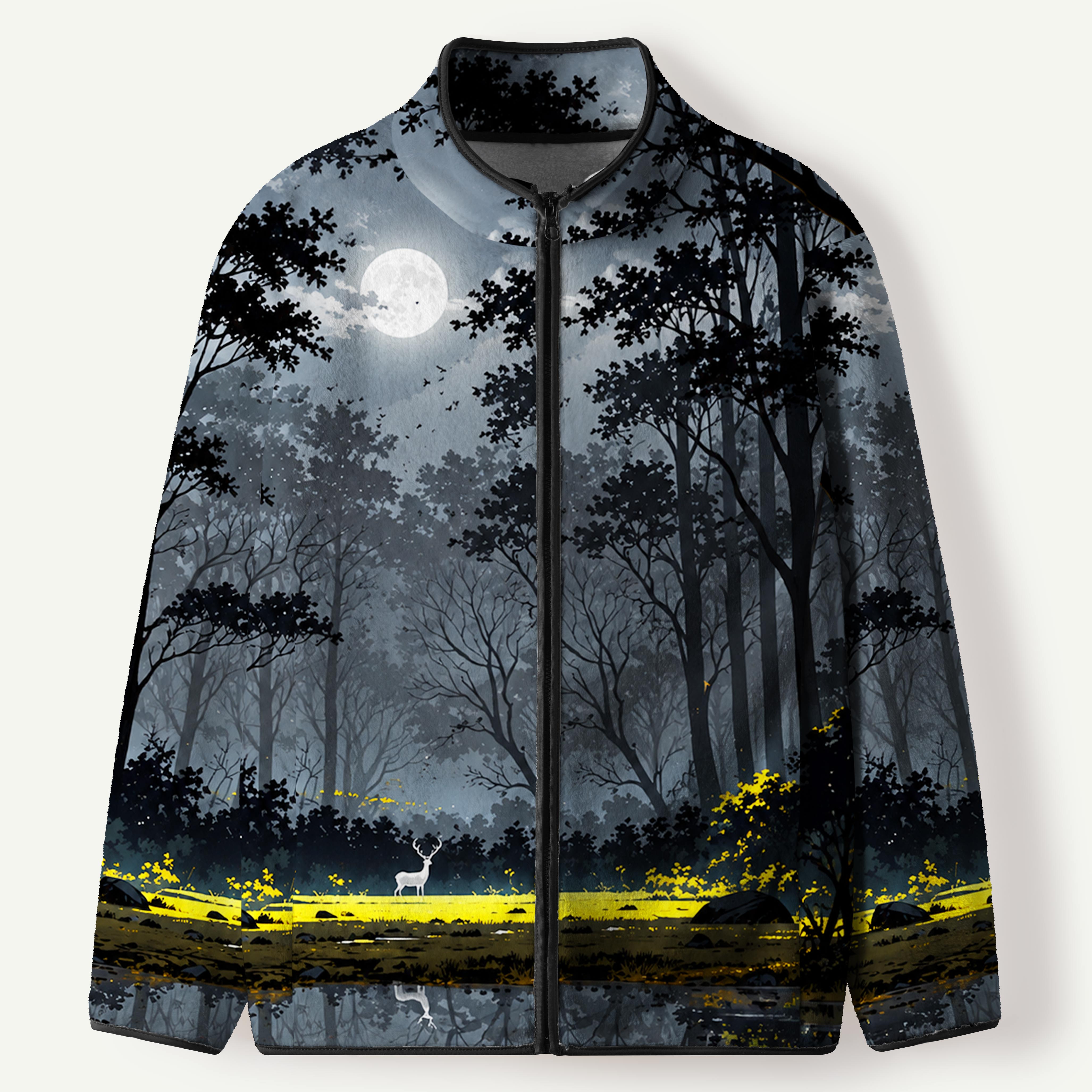 White Deer Moonlit Forest Reflection Men's Flannel Zip Front Cardigan