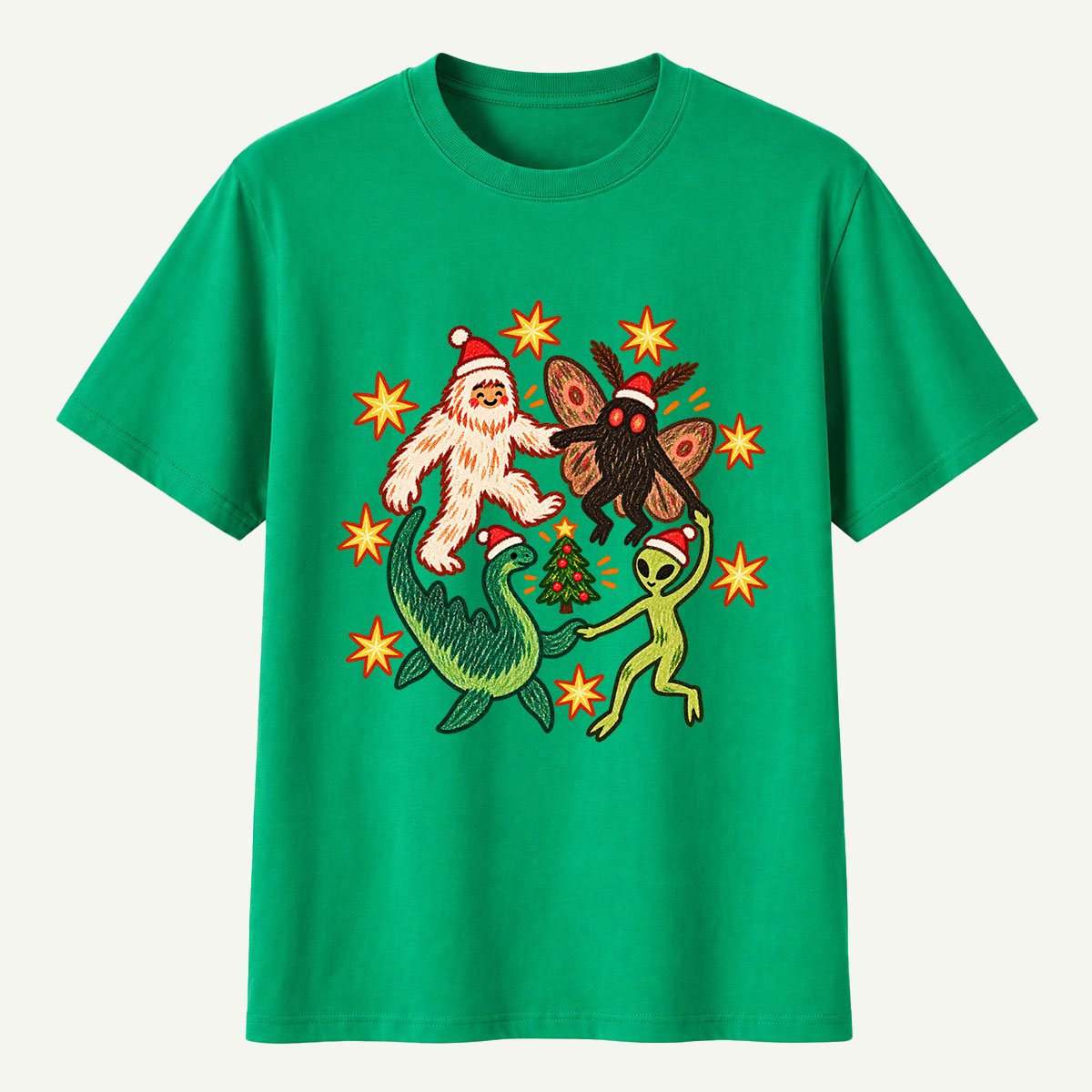 Christmas Cryptid Party Yeti Mothman Nessie And Alien T-Shirt