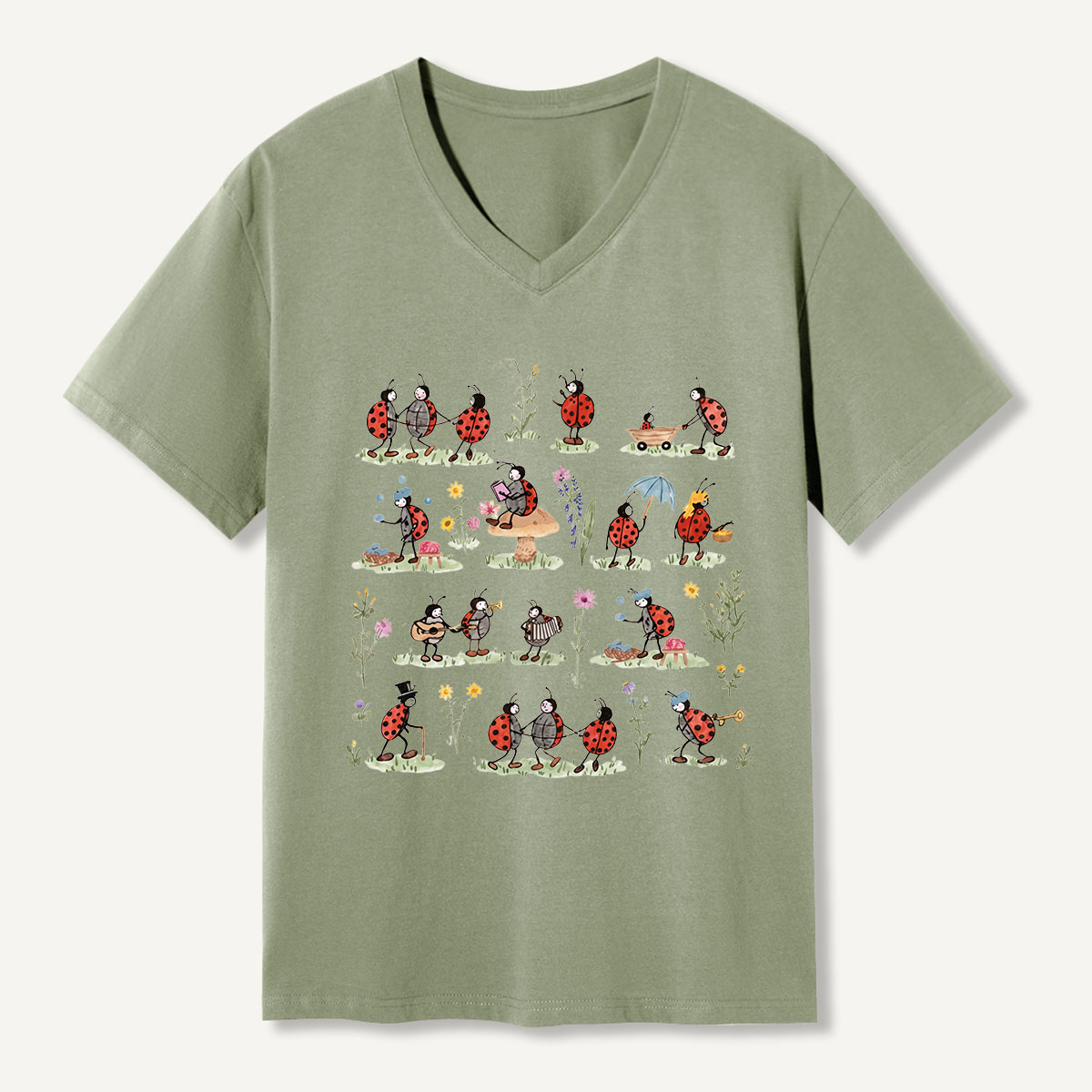 Ladybug and Flower Tee Washed V-neck T-Shirt