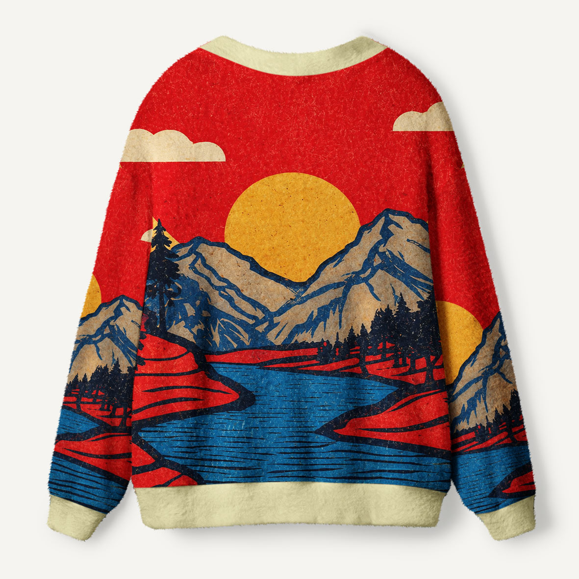 Red Sun Over the Mountain River Ugly Cardigan Sweaters