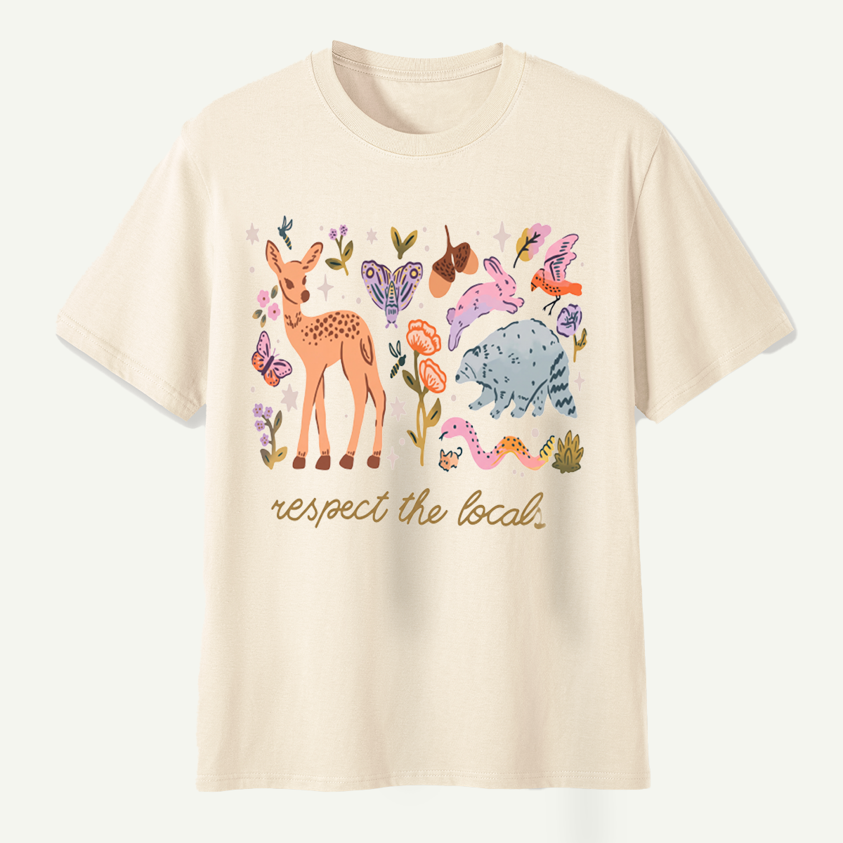 espect The Locals Woodland Wildlife Deer Rabbit Raccoon And Butterfly T-Shirt