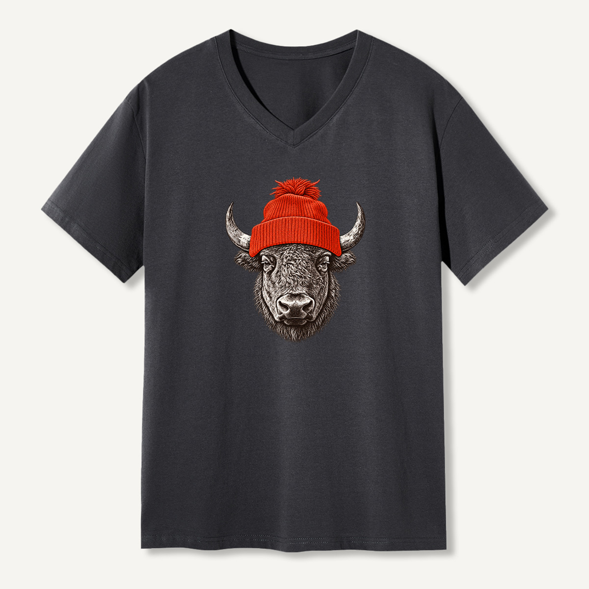 Winter Beanie Bison Portrait V-neck T-Shirt