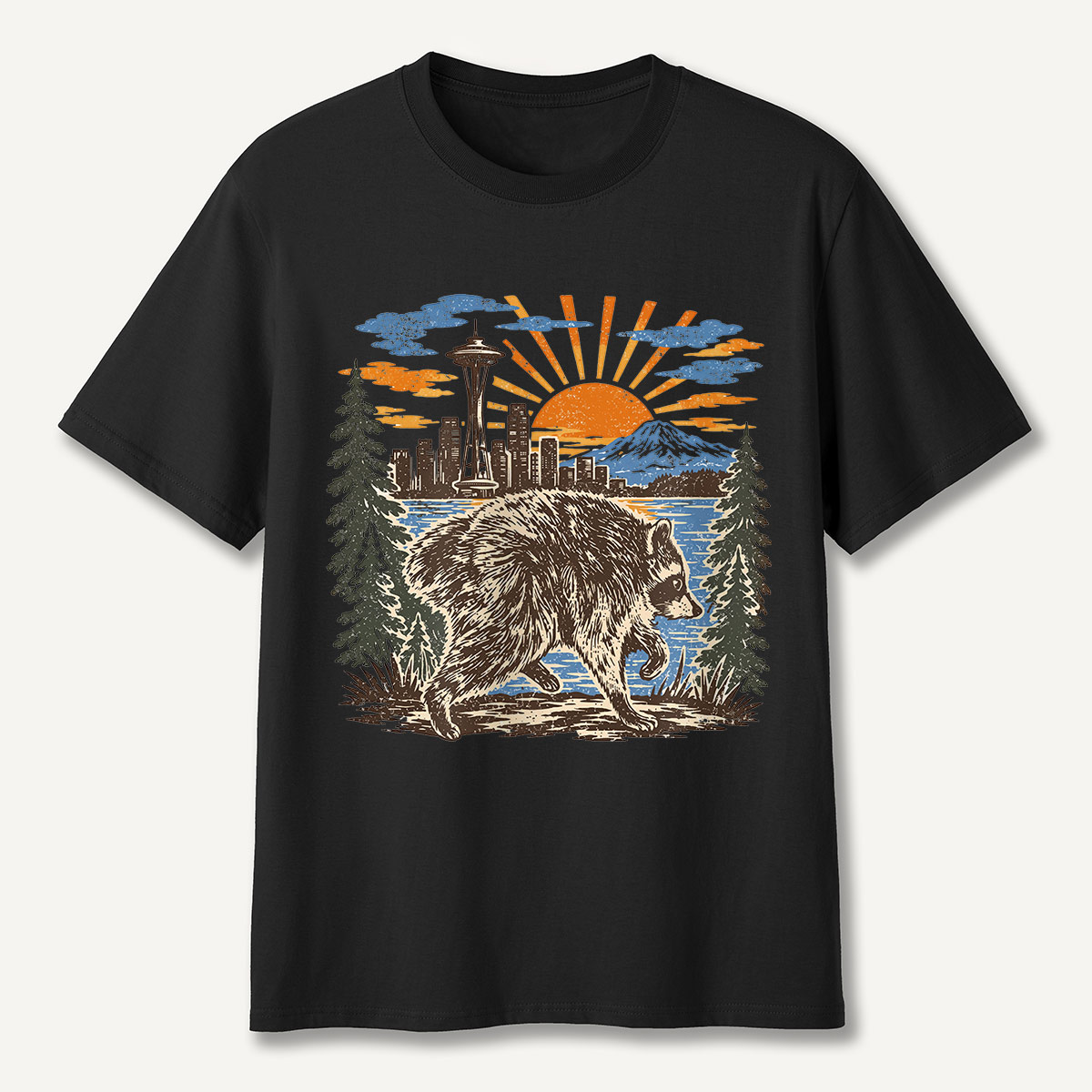 Jimothy Seattle Skyline Sunset Raccoon T-Shirt