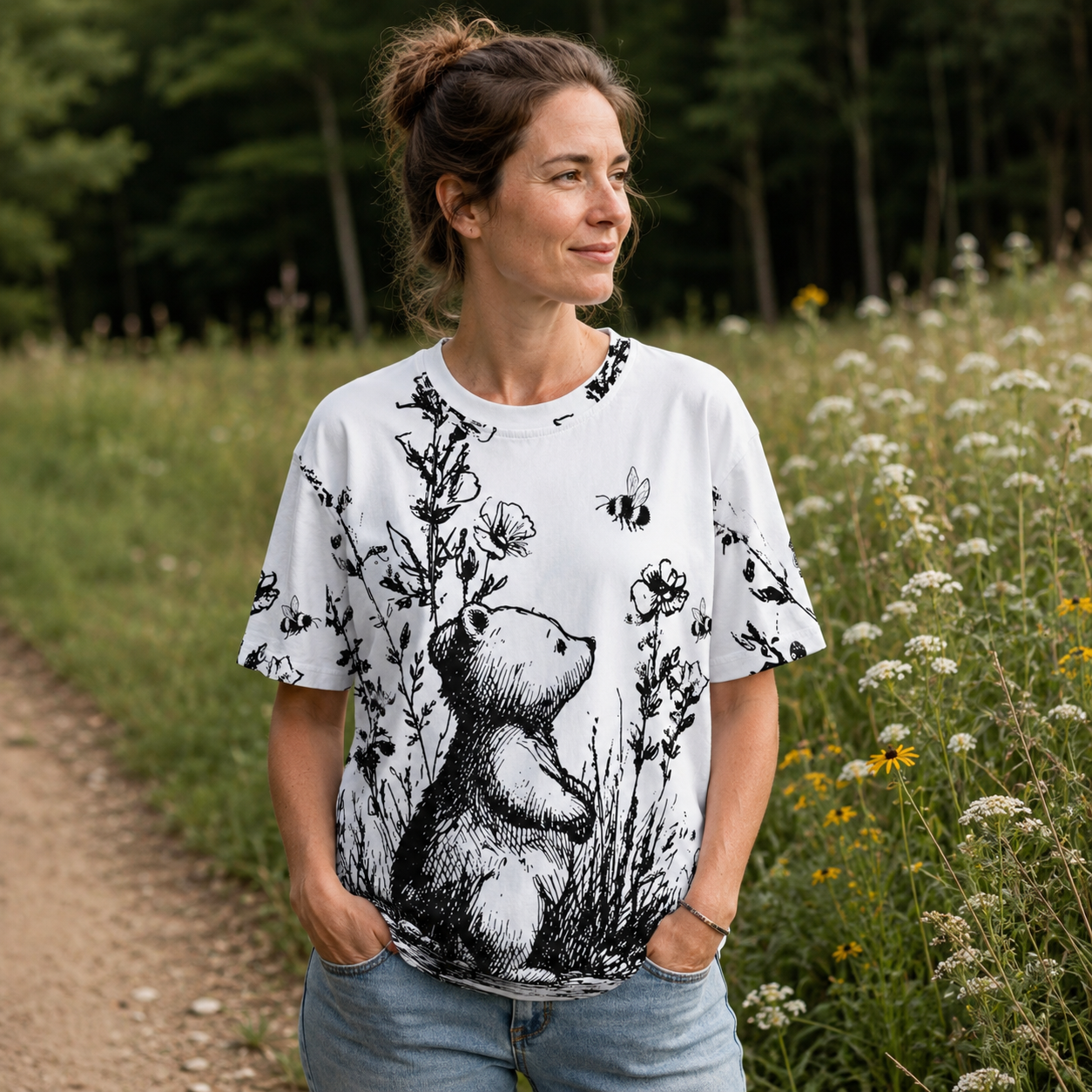 Woodland Bear Wildflower Sketch Premium Pure Cotton Tee