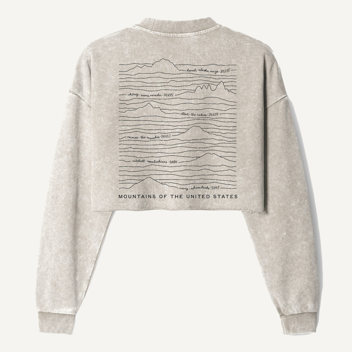 Mountains Of The United States Line Map Women's Washed Cropped Sweatshirt