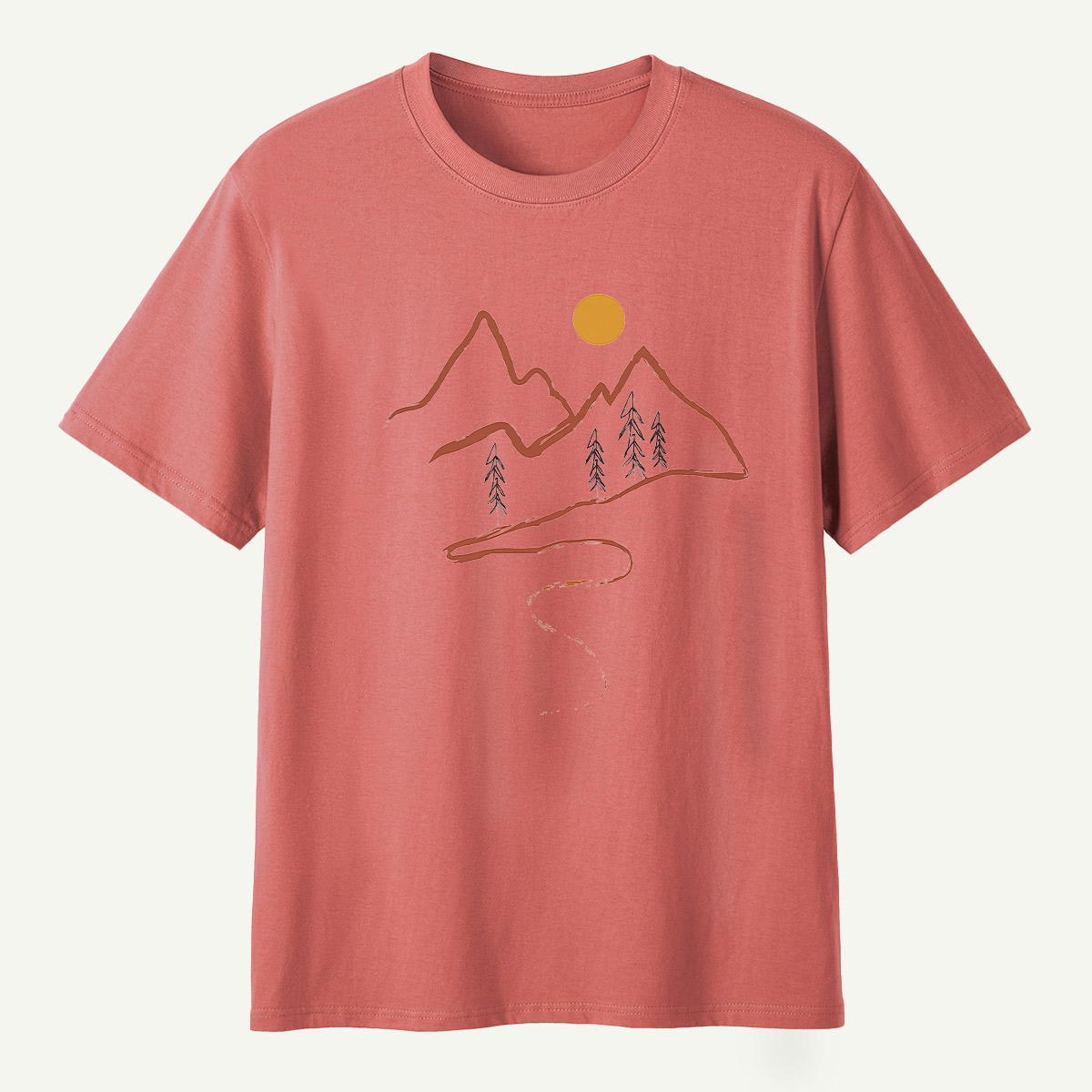 Minimal Mountain Sun Trail Line Art T-Shirt