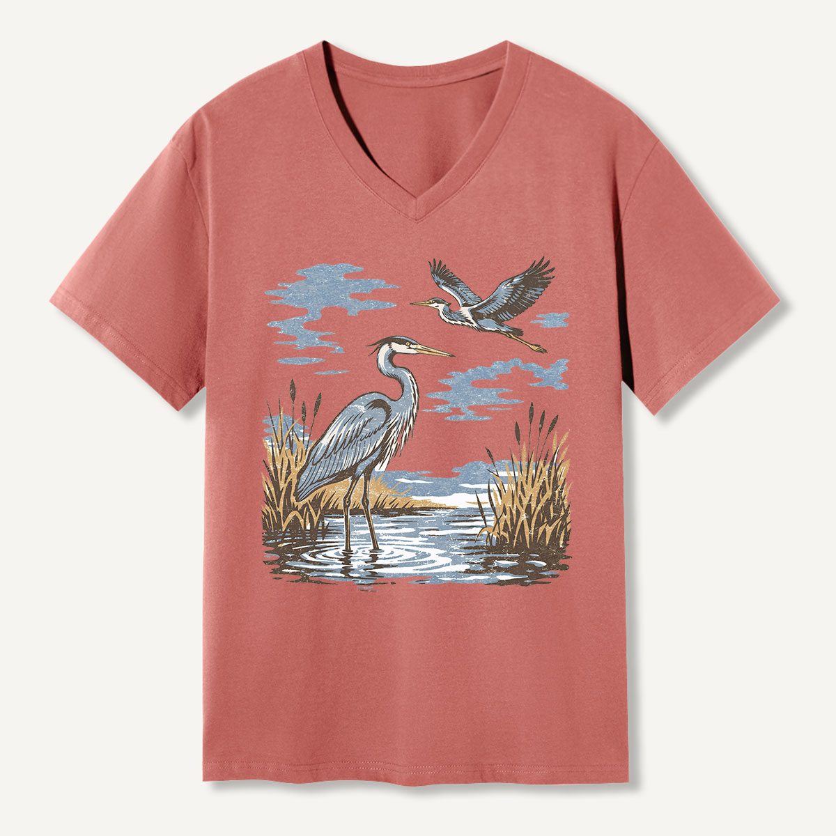 Vintage Heron Wetland Bird Nature V-neck T-Shirt