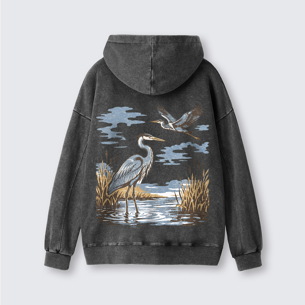 Vintage Heron Wetland Bird Nature Washed Hoodie