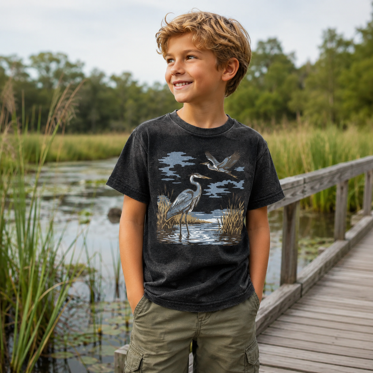 Vintage Heron Wetland Bird Nature Kids Washed T-Shirt