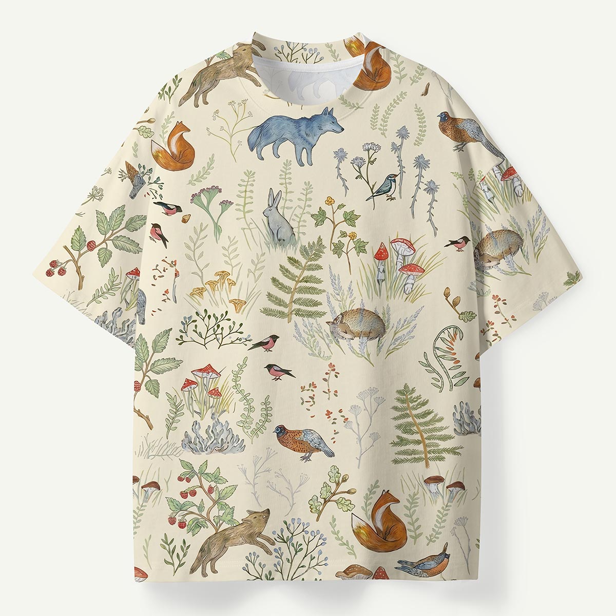Woodland Animals and Mushrooms Eco All-Over Print T-Shirt