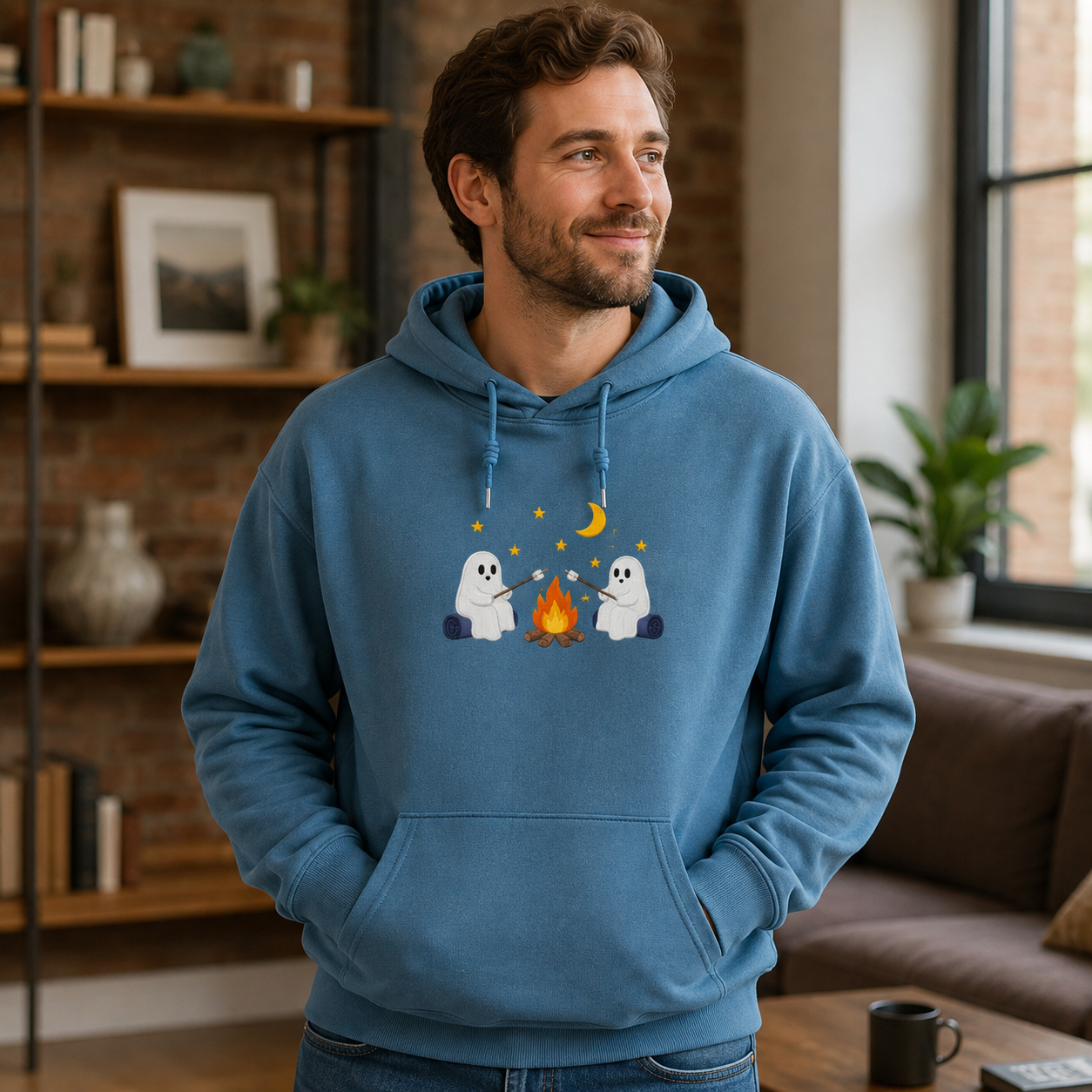 Ghost Campfire Under Moon Embroidered Cotton Hoodie