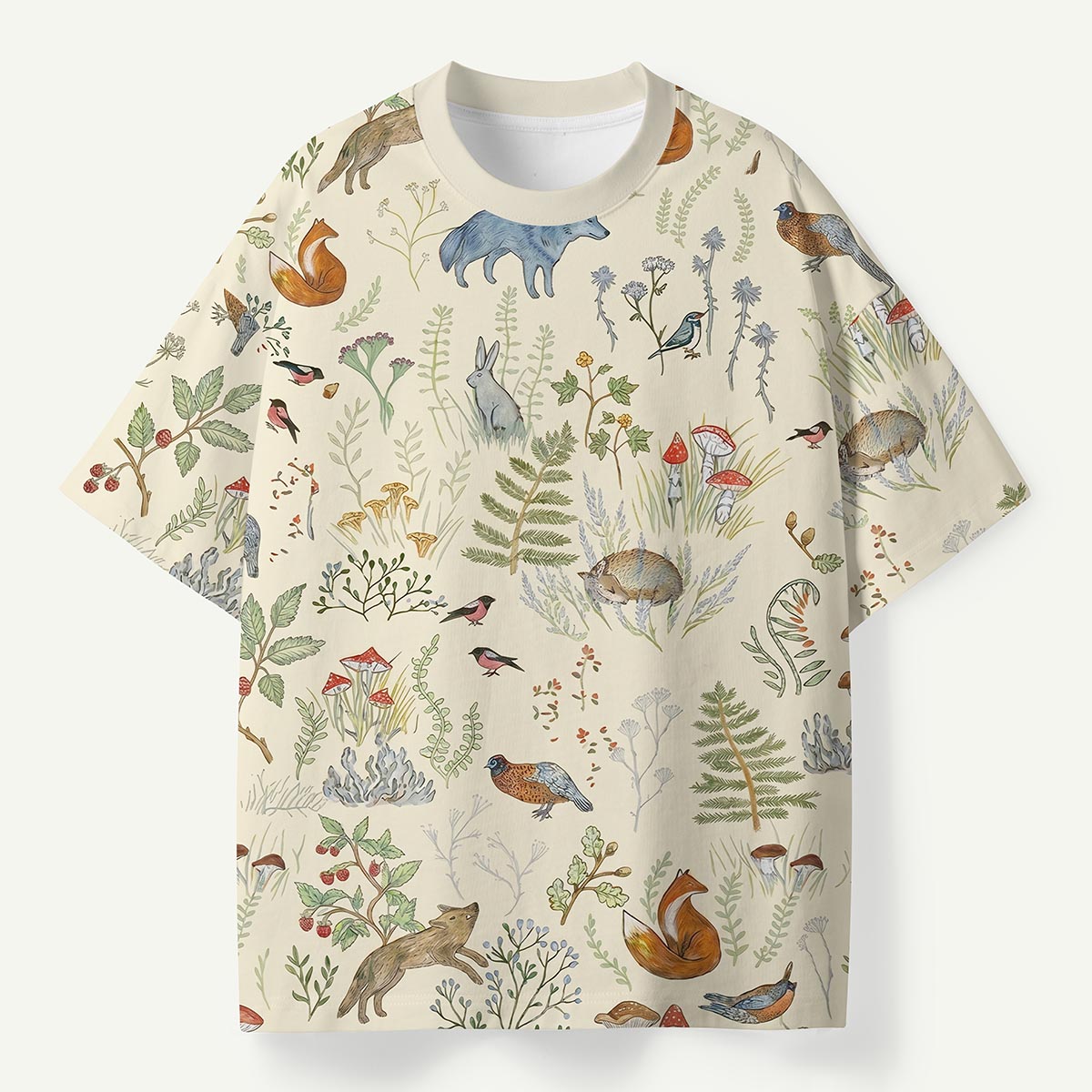 Woodland Animals and Mushrooms Premium Eco All-Over Print T-Shirt
