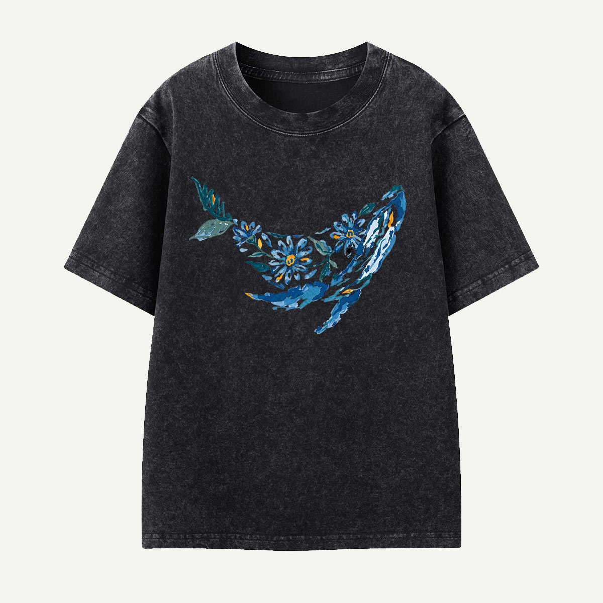 Floral Whale Silhouette Kids Washed T-Shirt
