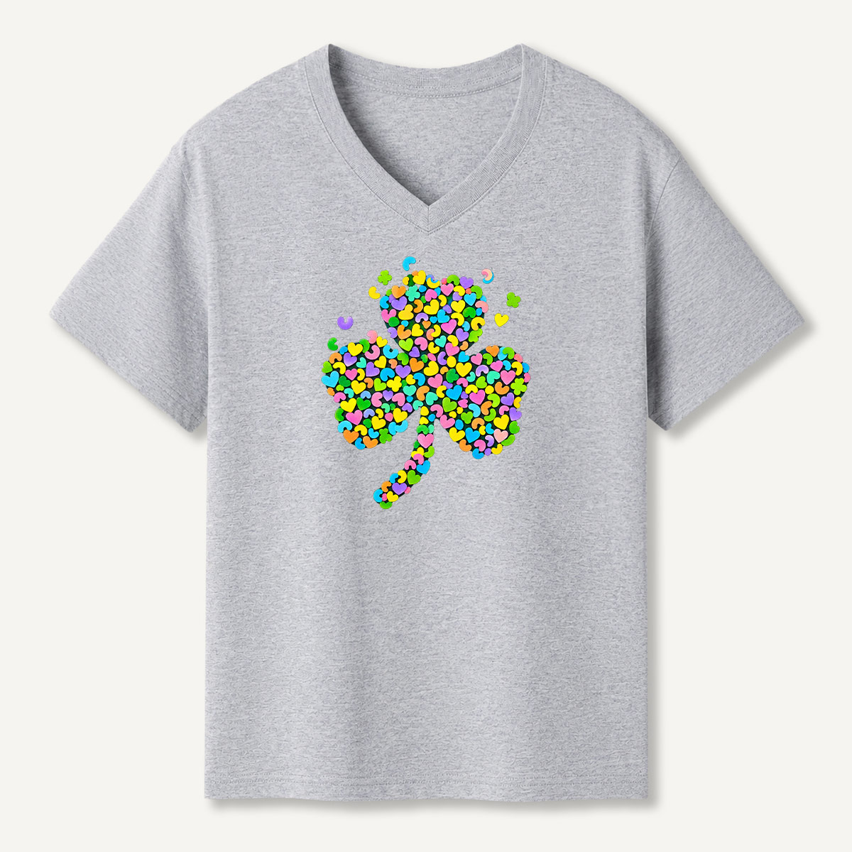 Colorful Heart Filled Shamrock V-neck T-Shirt