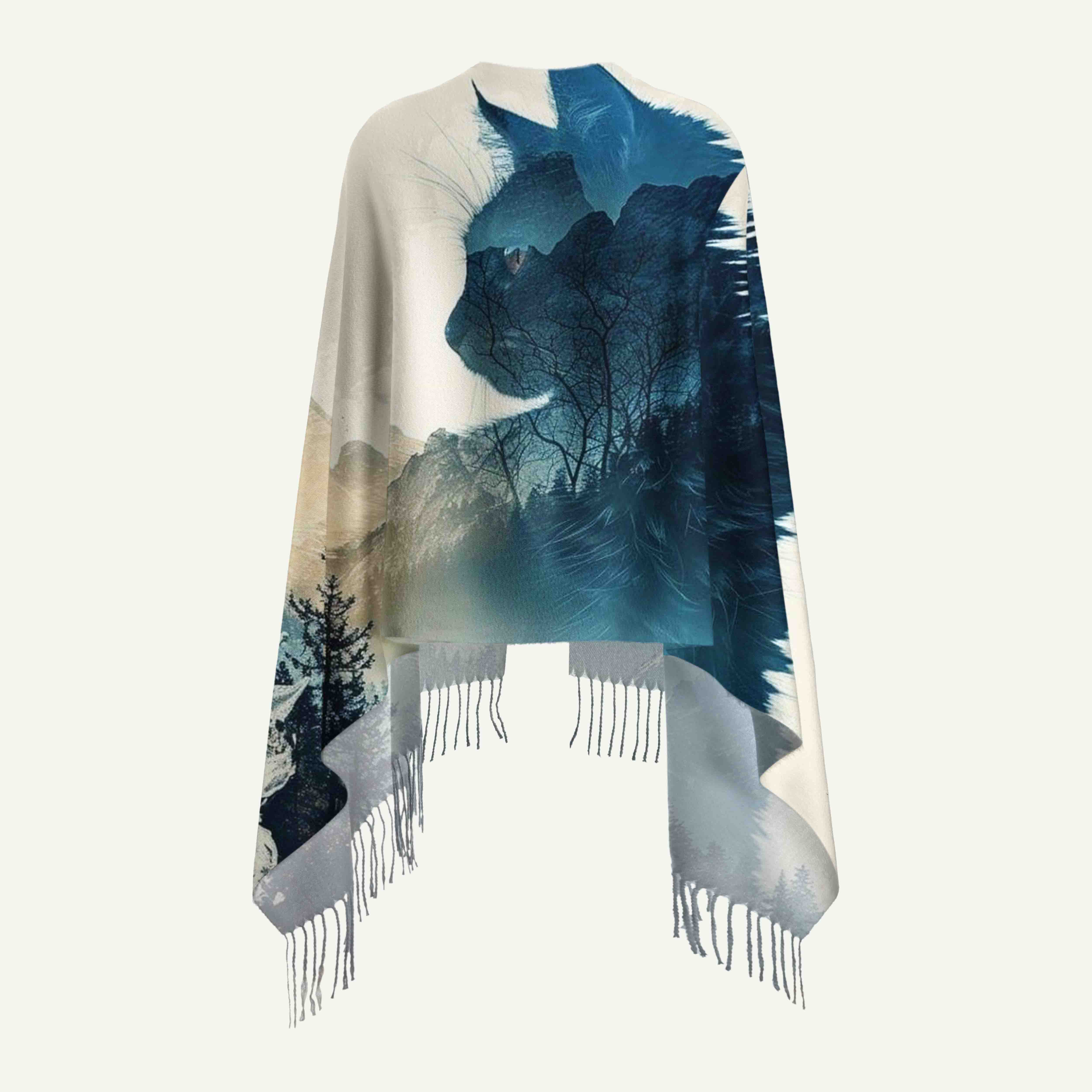 Forest Spirit Cat Long Cashmere Scarf with Tassels