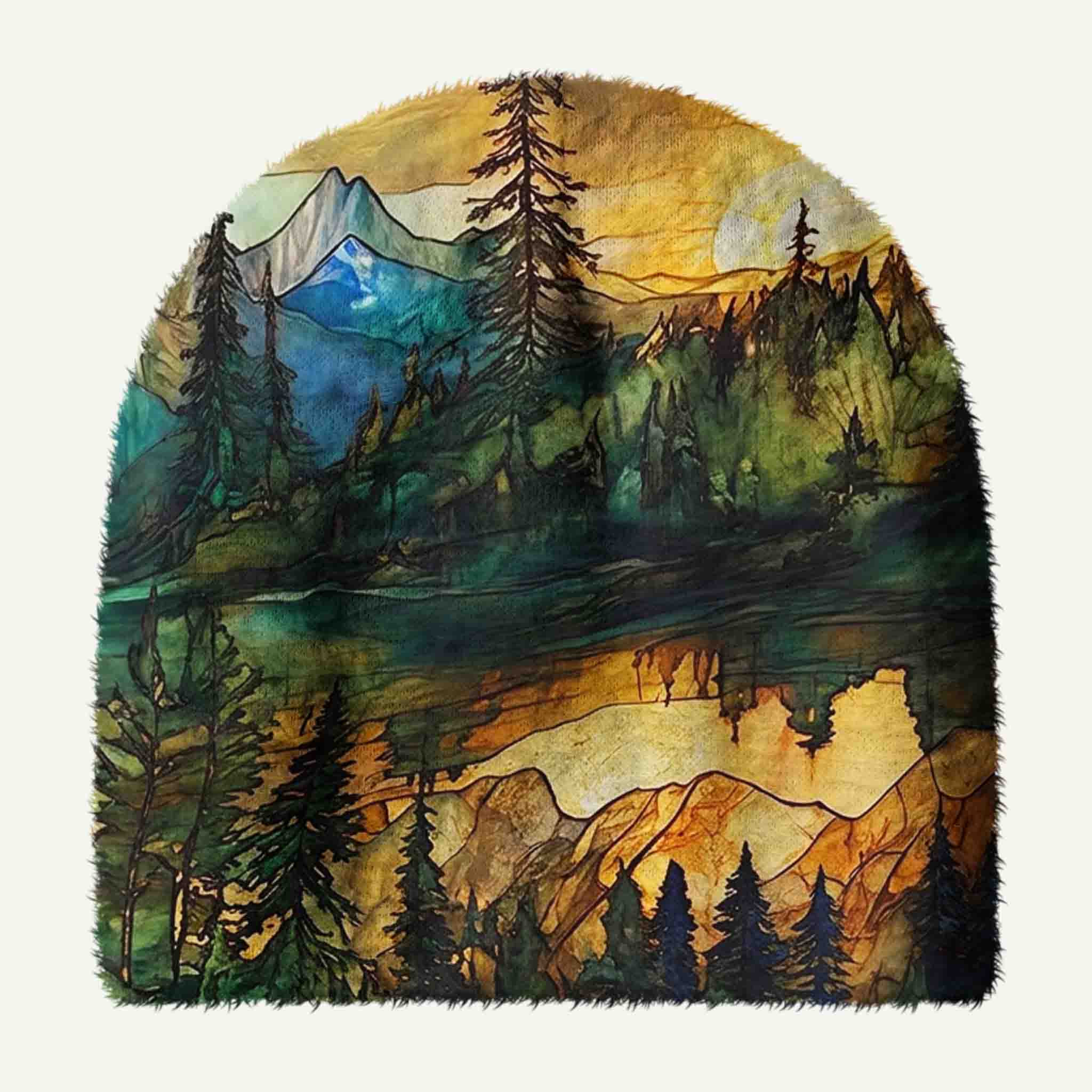 Sunset Alpine Forest Landscap Plush Knit Hat
