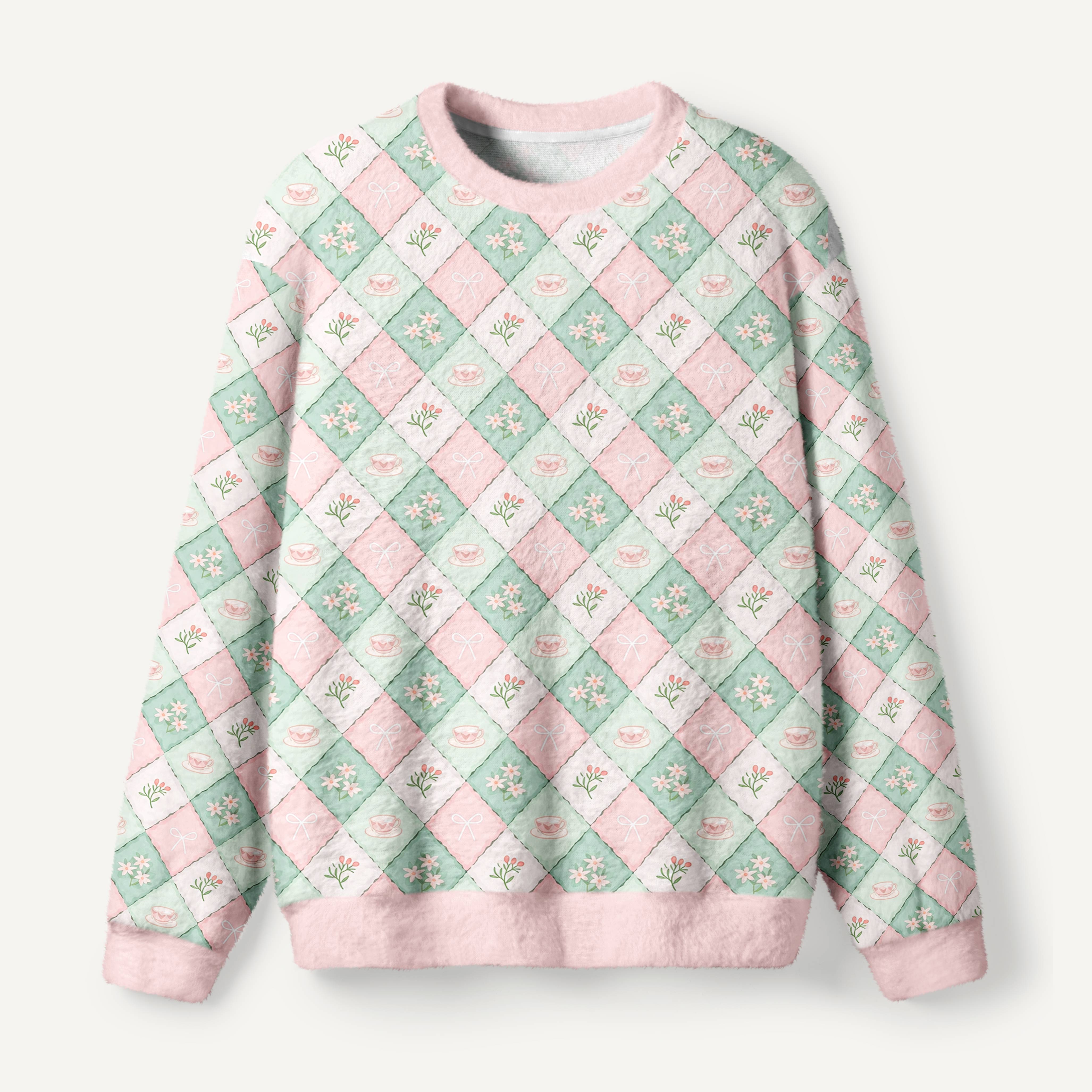 Teacup Bow Flower Patchwork Ugly Fuzzy Fleece Sweatshirt