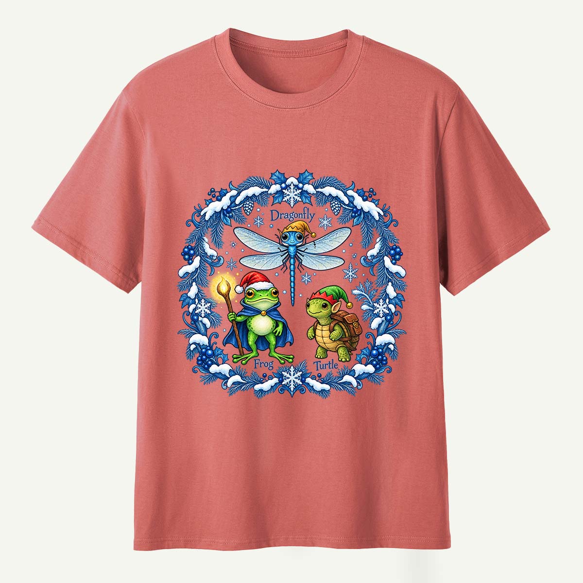 Fantasy Winter Forest Dragonfly Frog And Turtle Companions T-Shirt