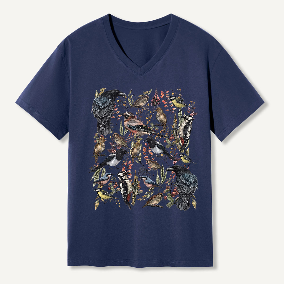 Vintage Wild Birds Botanical V-neck T-Shirt