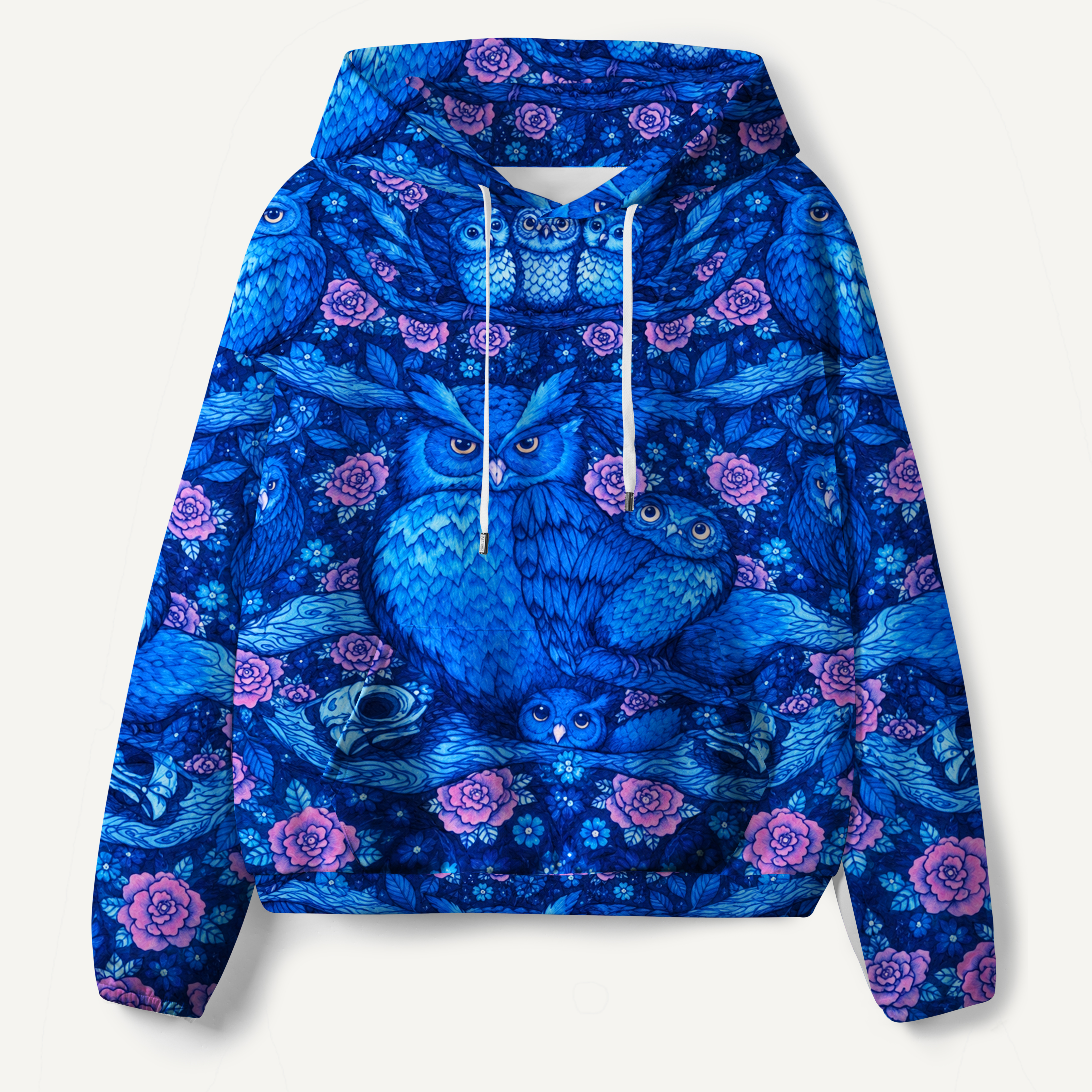 Midnight Blue Owl Family Floral Garden All-over Printed Hoodie